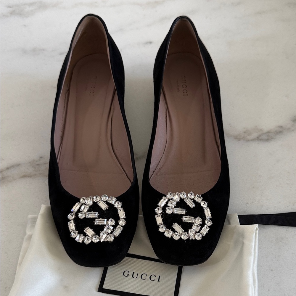 Gucci Black Flats with Crystal Accents
